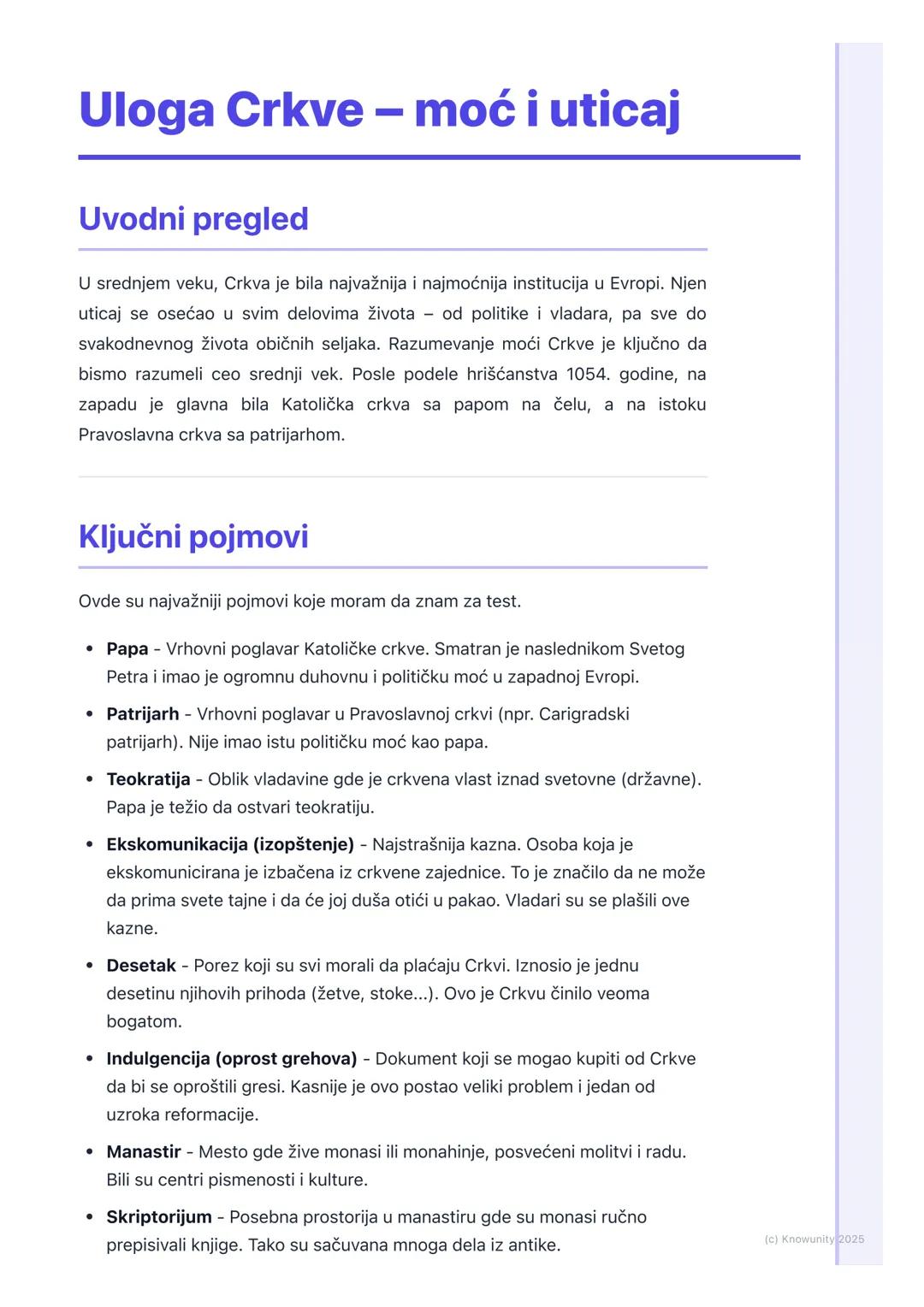# Uloga Crkve – moć i uticaj

## Uvodni pregled

U srednjem veku, Crkva je bila najvažnija i najmoćnija institucija u Evropi. Njen
uticaj se