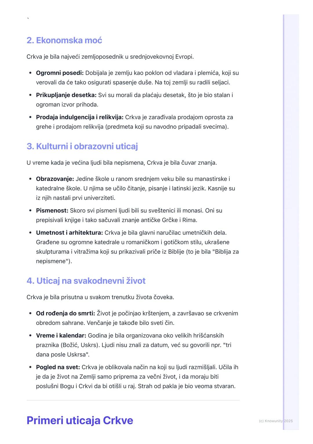 # Uloga Crkve – moć i uticaj

## Uvodni pregled

U srednjem veku, Crkva je bila najvažnija i najmoćnija institucija u Evropi. Njen
uticaj se