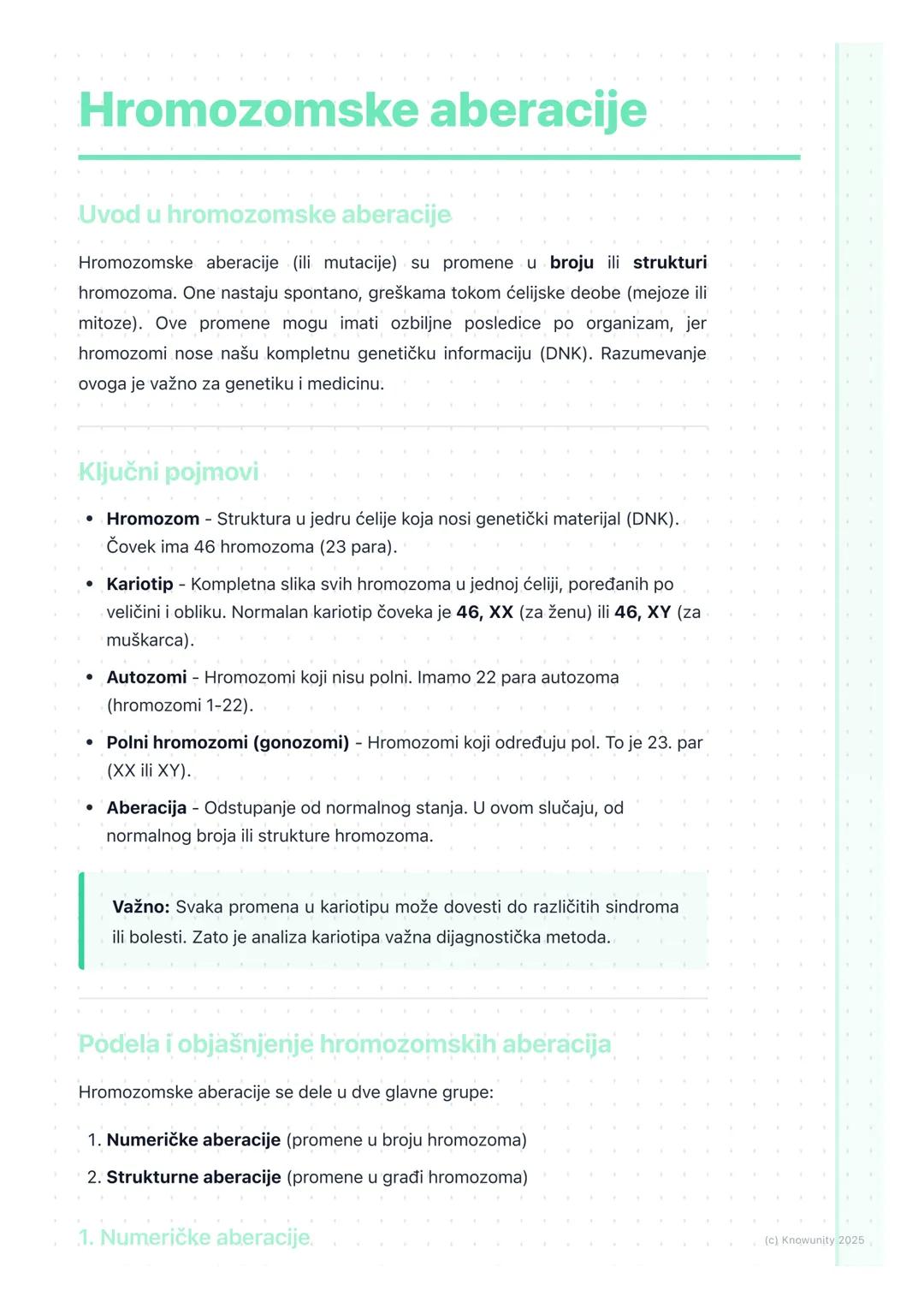 # Hromozomske aberacije

Uvod u hromozomske aberacije

Hromozomske aberacije (ili mutacije) su promene u broju ili strukturi
hromozoma. One 