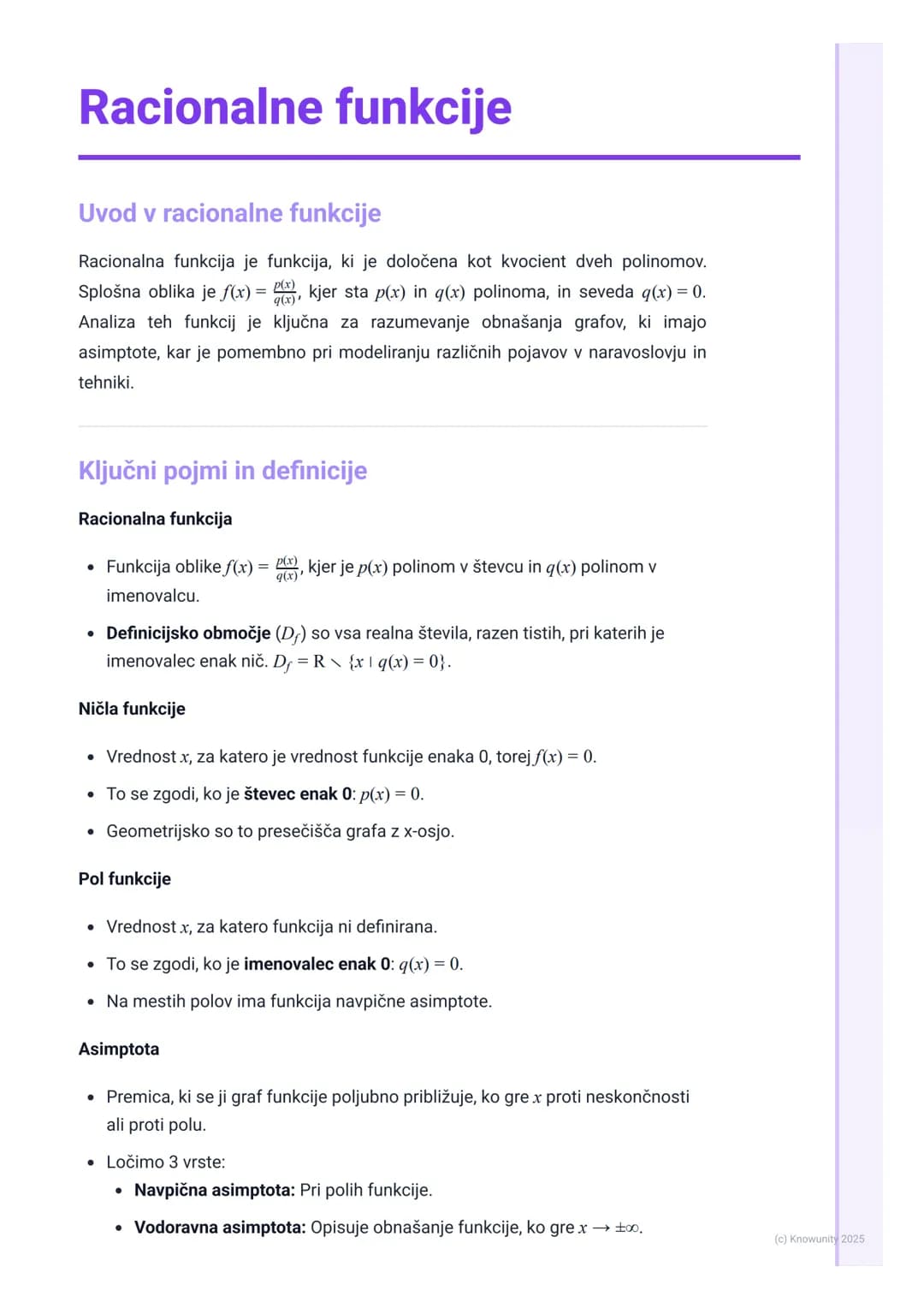 # Racionalne funkcije

Uvod v racionalne funkcije

Racionalna funkcija je funkcija, ki je določena kot kvocient dveh polinomov.
Splošna obli