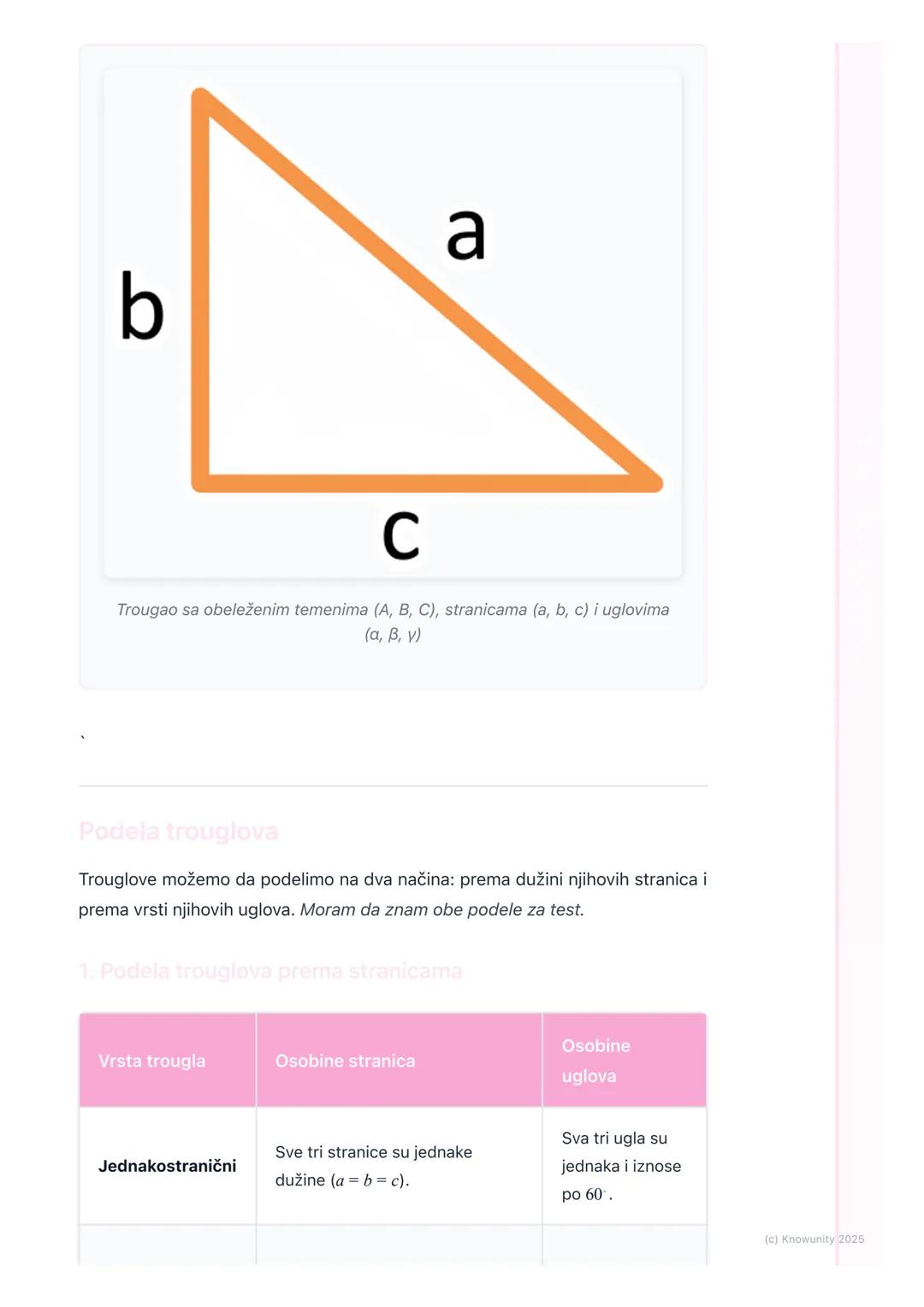# Trougao

Šta je trougao i njegovi osnovni delovi

Trougao je geometrijska figura u ravni koja ima tri stranice, tri temena i tri
unutrašnj