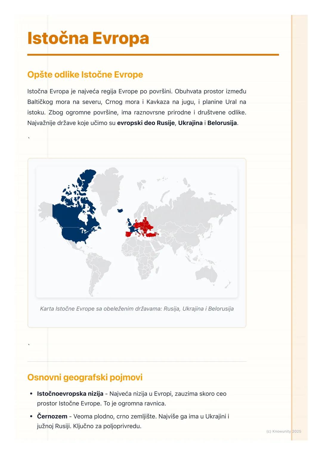 # Istočna Evropa

Opšte odlike Istočne Evrope

Istočna Evropa je najveća regija Evrope po površini. Obuhvata prostor između
Baltičkog mora n
