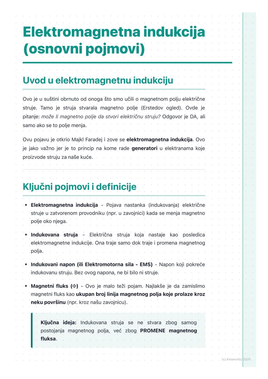 # Elektromagnetna indukcija
(osnovni pojmovi)

Uvod u elektromagnetnu indukciju

Ovo je u suštini obrnuto od onoga što smo učili o magnetnom