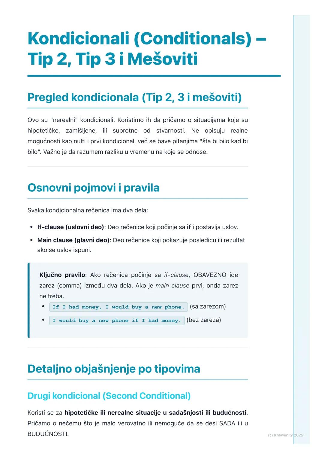 # Kondicionali (Conditionals) –
Tip 2, Tip 3 i Mešoviti

Pregled kondicionala (Tip 2, 3 i mešoviti)

Ovo su "nerealni" kondicionali. Koristi