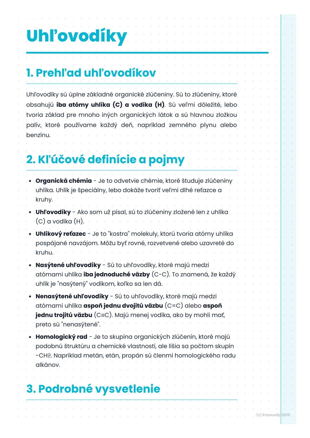 # Uhlovodíky

1. Prehl'ad uhlovodíkov

Uhlovodíky sú úplne základné organické zlúčeniny. Sú to zlúčeniny, ktoré
obsahujú iba atómy uhlíka (C