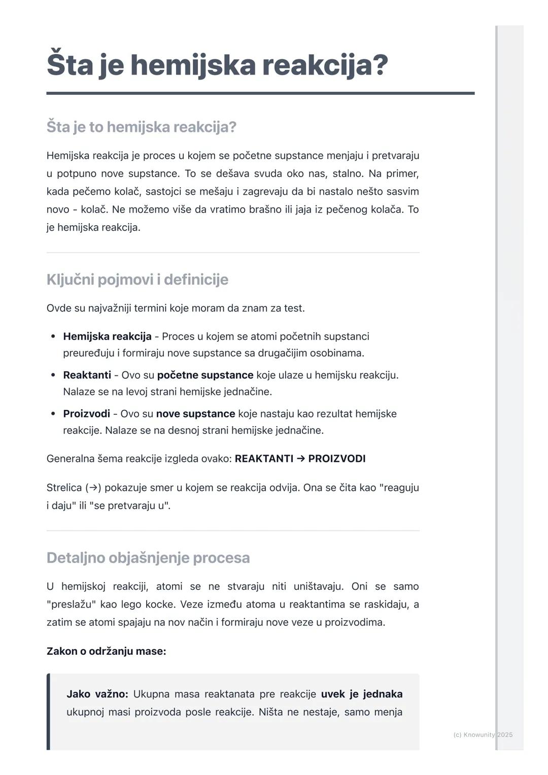 # Šta je hemijska reakcija?

Šta je to hemijska reakcija?

Hemijska reakcija je proces u kojem se početne supstance menjaju i pretvaraju
u p