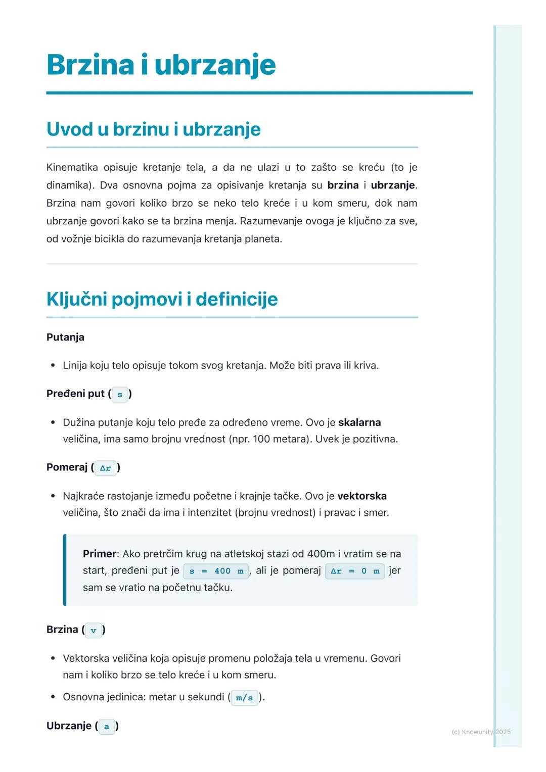 # Brzina i ubrzanje

# Uvod u brzinu i ubrzanje

Kinematika opisuje kretanje tela, a da ne ulazi u to zašto se kreću (to je
dinamika). Dva o