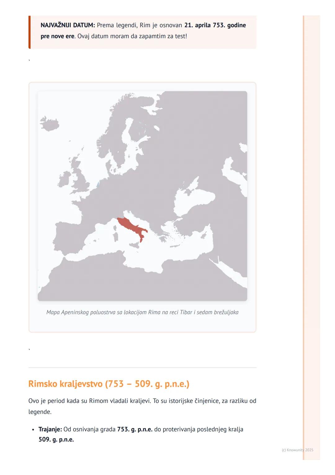 # Osnivanje Rima i Rimsko
kraljevstvo

Uvod u nastanak Rima

Rim je nastao na Apeninskom poluostrvu (danas Italija). Osnovan je na reci Tiba