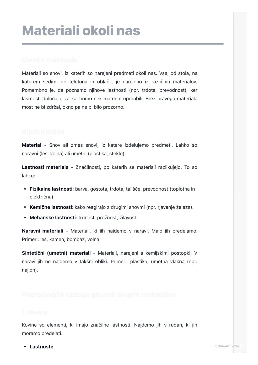 # Materiali okoli nas

Uvod v materiale

Materiali so snovi, iz katerih so narejeni predmeti okoli nas. Vse, od stola, na
katerem sedim, do 