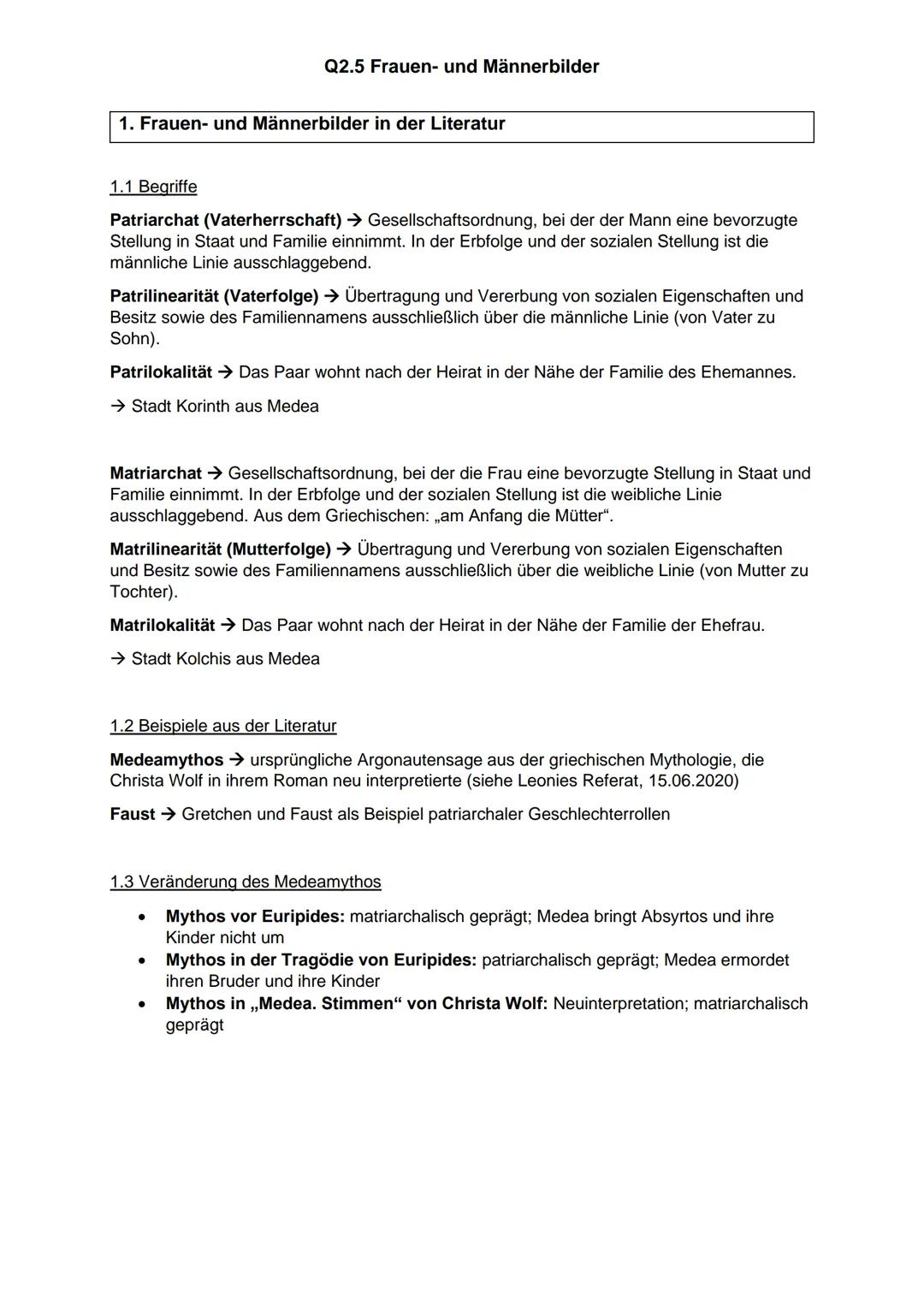 # Q2.5 Frauen- und Männerbilder

# 1. Frauen- und Männerbilder in der Literatur

## 1.1 Begriffe

Patriarchat (Vaterherrschaft) → Gesellscha
