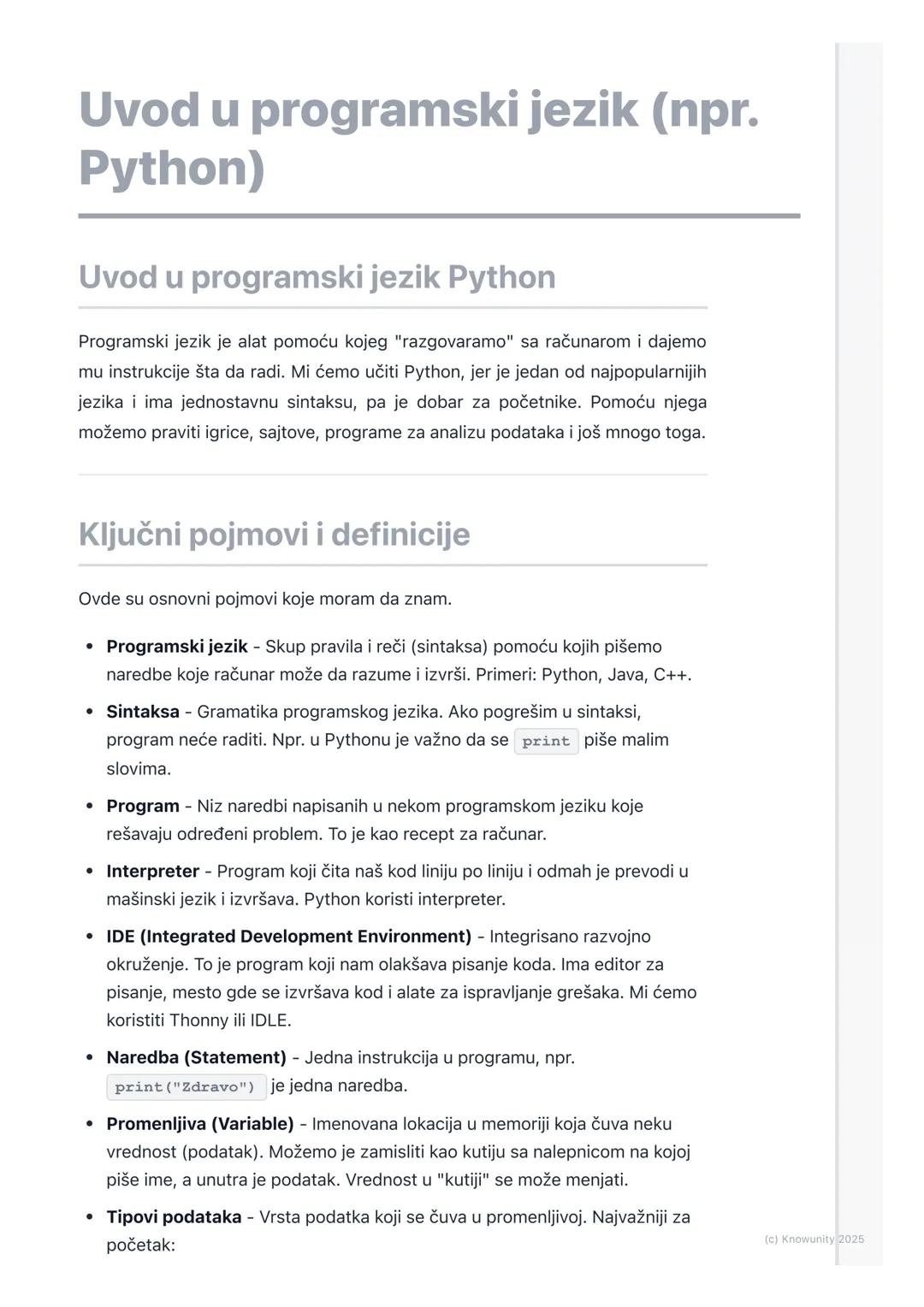 Uvod u programski jezik (npr. Python)