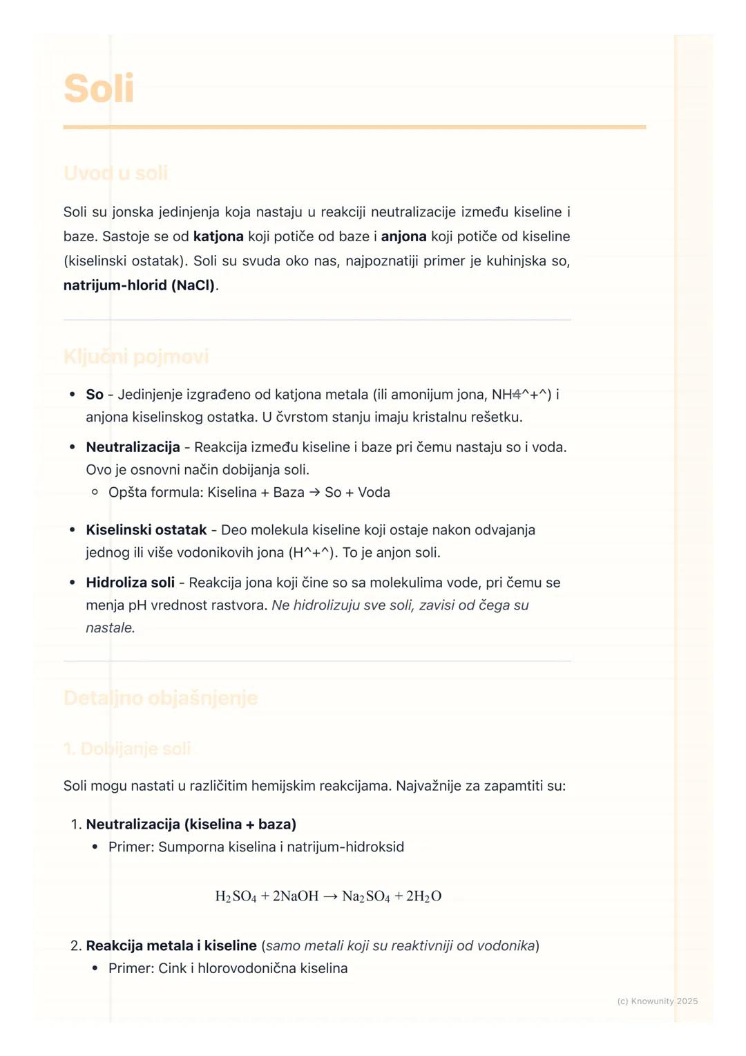 # Soli

Uvod u soli

Soli su jonska jedinjenja koja nastaju u reakciji neutralizacije između kiseline i
baze. Sastoje se od katjona koji pot