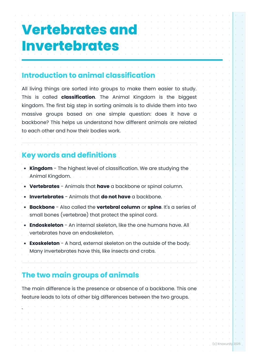 # Vertebrates and
Invertebrates

Introduction to animal classification

All living things are sorted into groups to make them easier to stud