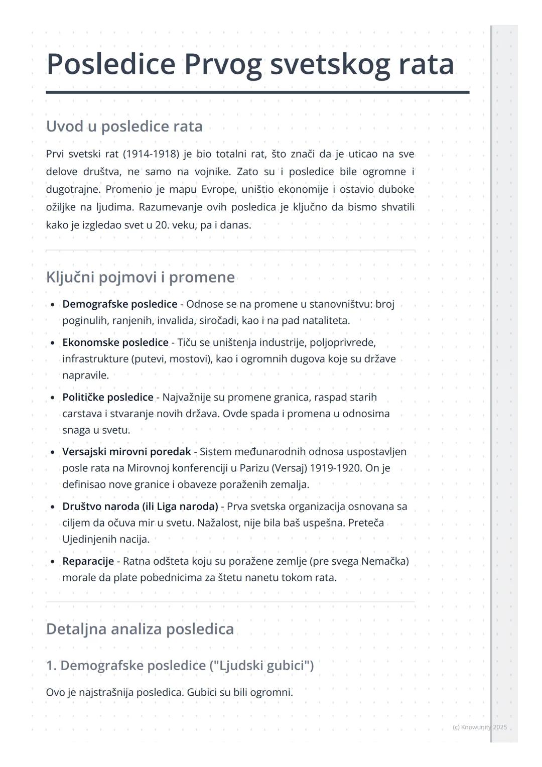 # Posledice Prvog svetskog rata

Uvod u posledice rata

Prvi svetski rat (1914-1918) je bio totalni rat, što znači da je uticao na sve
delov