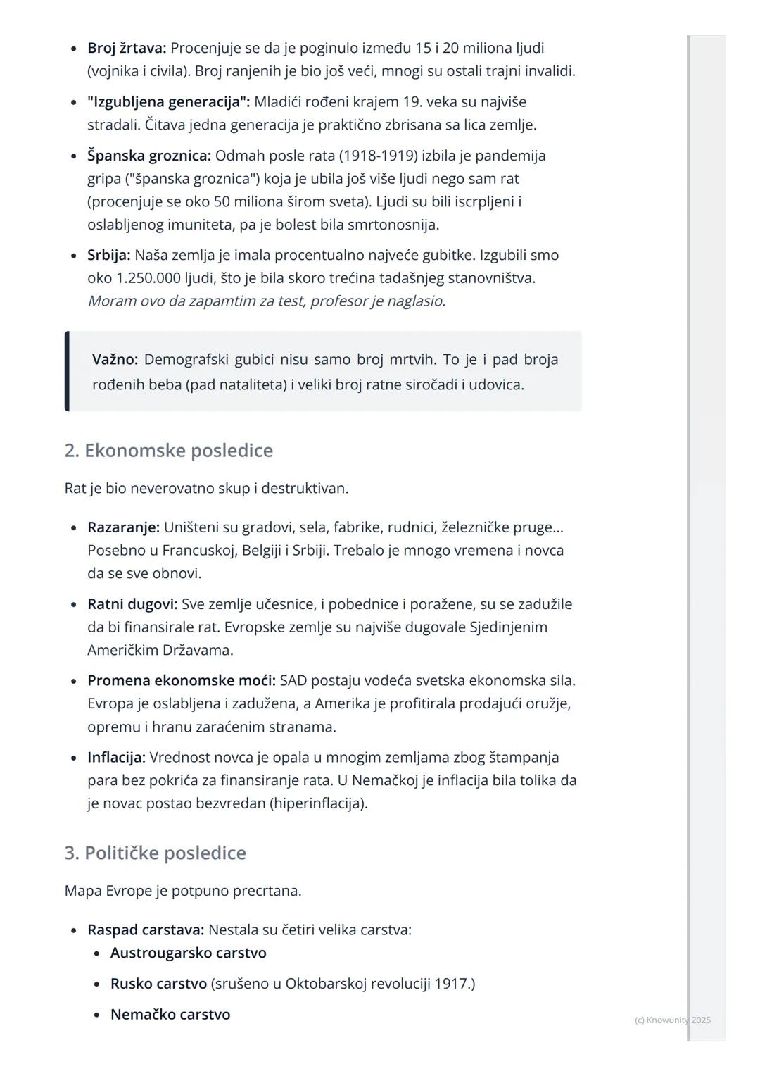 # Posledice Prvog svetskog rata

Uvod u posledice rata

Prvi svetski rat (1914-1918) je bio totalni rat, što znači da je uticao na sve
delov