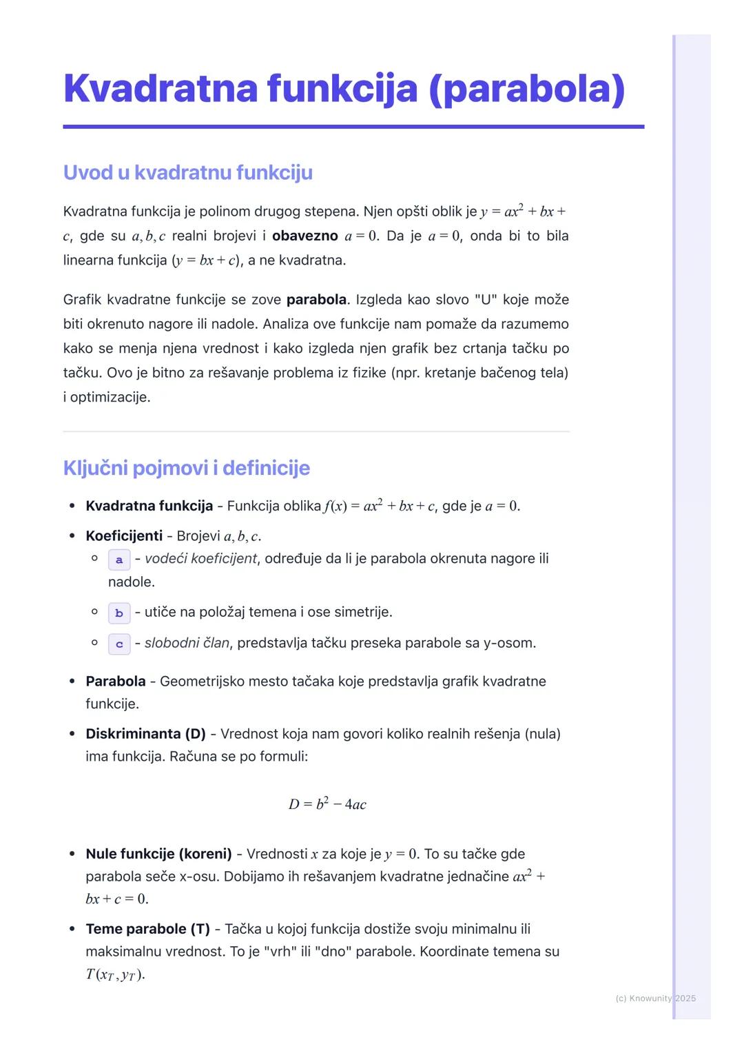 # Kvadratna funkcija (parabola)

Uvod u kvadratnu funkciju

Kvadratna funkcija je polinom drugog stepena. Njen opšti oblik je y = ax2 + bx +