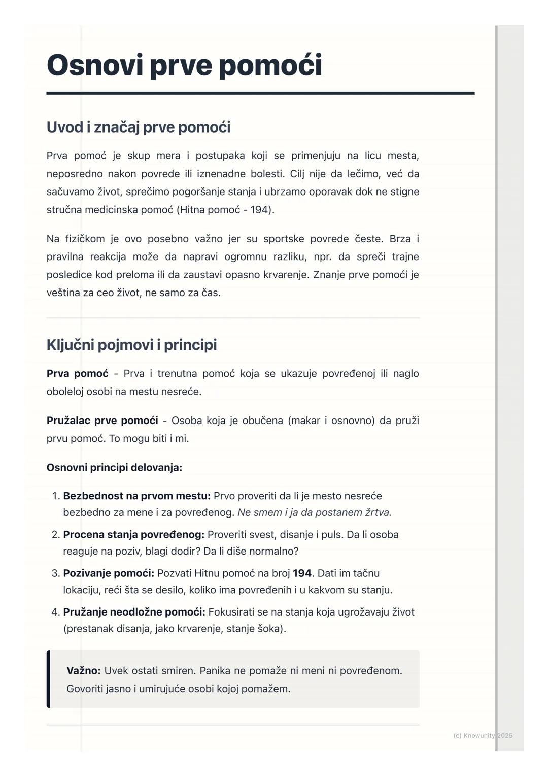 # Osnovi prve pomoći

## Uvod i značaj prve pomoći

Prva pomoć je skup mera i postupaka koji se primenjuju na licu mesta,
neposredno nakon p