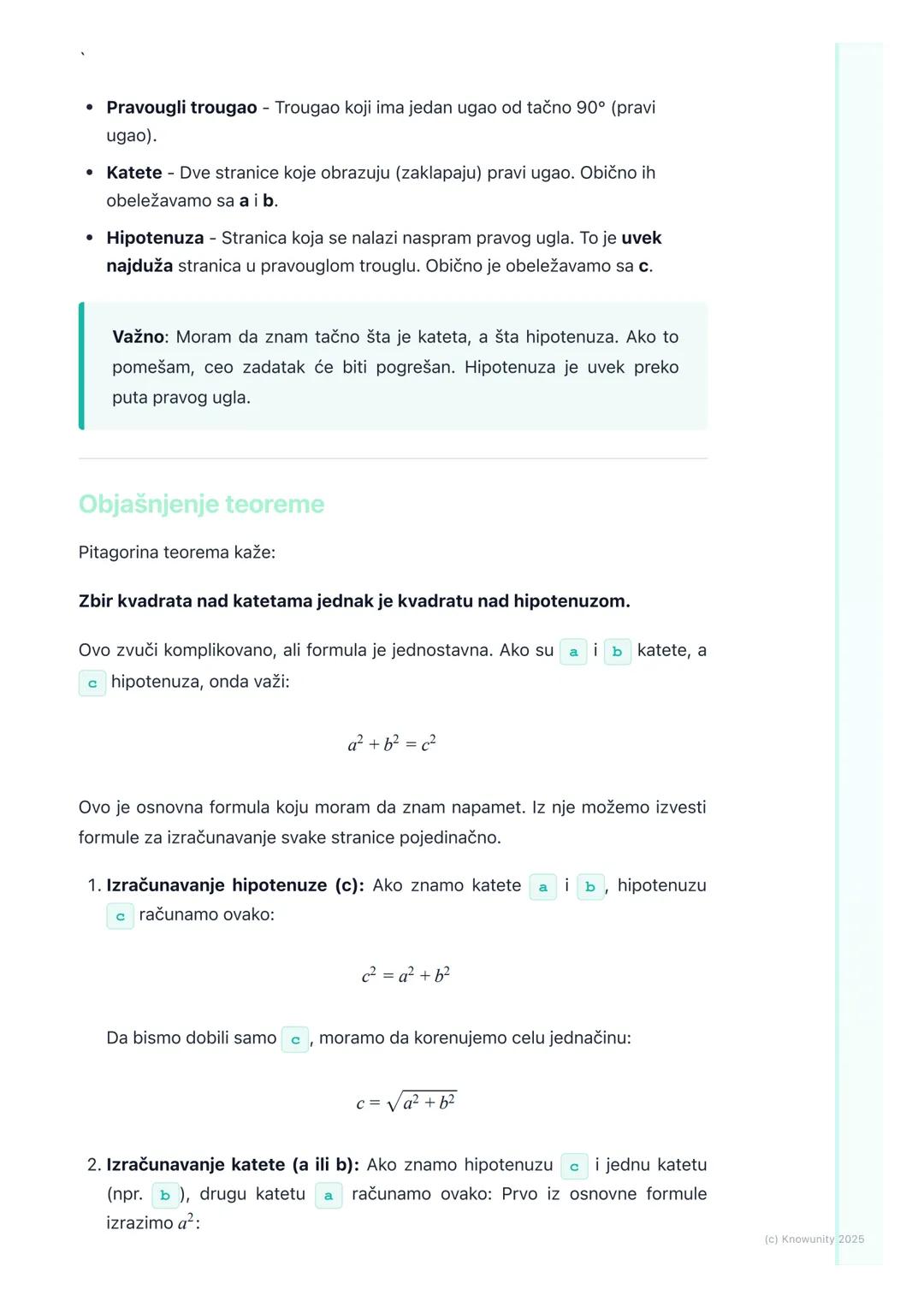# Pitagorina teorema

Šta je Pitagorina teorema?

Pitagorina teorema je jedna od najvažnijih teorema u matematici. Ona opisuje
vezu između s