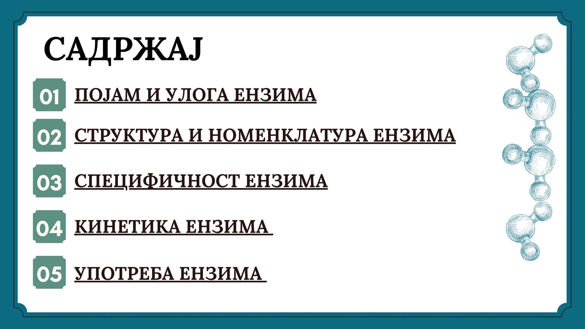 # ЕНЗИМИ # САДРЖАЈ
01 ПОЈАМ И УЛОГА ЕНЗИМА
02 СТРУКТУРА И НОМЕНКЛАТУРА ЕНЗИМА
03 СПЕЦИФИЧНОСТ ЕНЗИМА
04. КИНЕТИКА ЕНЗИМА
05 УПОТРЕБА ЕН