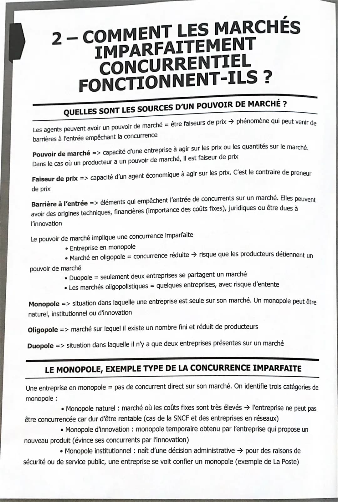 2 – COMMENT LES MARCHÉS
IMPARFAITEMENT
CONCURRENTIEL
FONCTIONNENT-ILS ?
QUELLES SONT LES SOURCES D'UN POUVOIR DE MARCHÉ ?
Les agents peuven