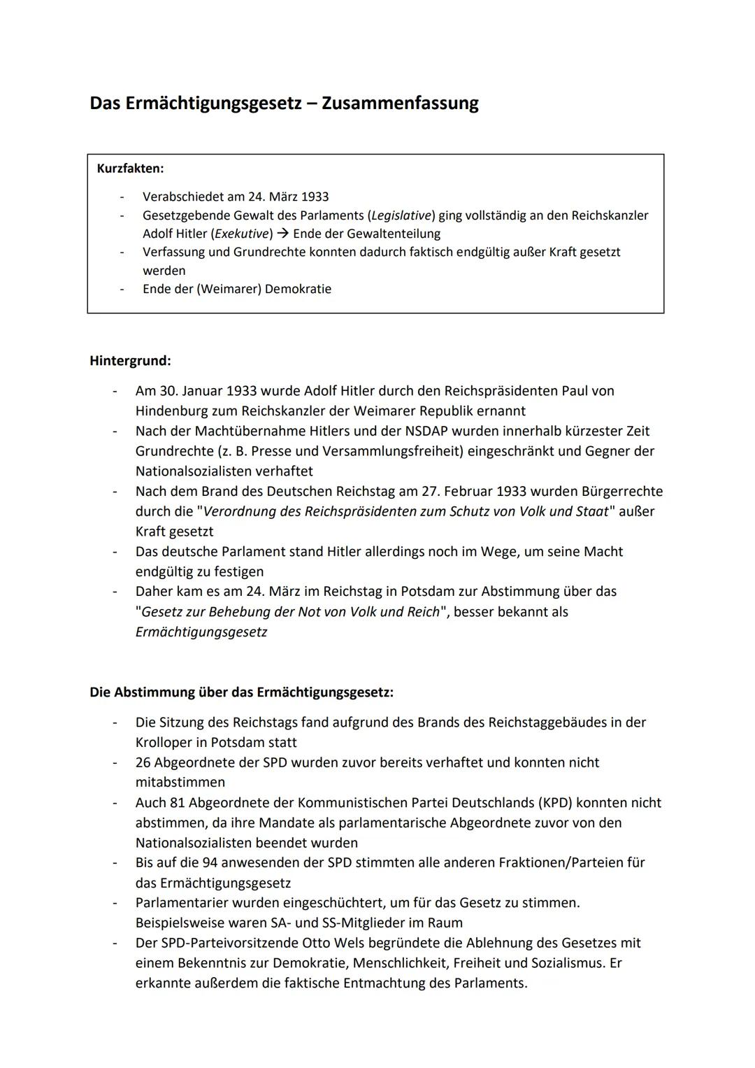 # Das Ermächtigungsgesetz - Zusammenfassung
Kurzfakten:
- Verabschiedet am 24. März 1933
- Gesetzgebende Gewalt des Parlaments (Legislativ