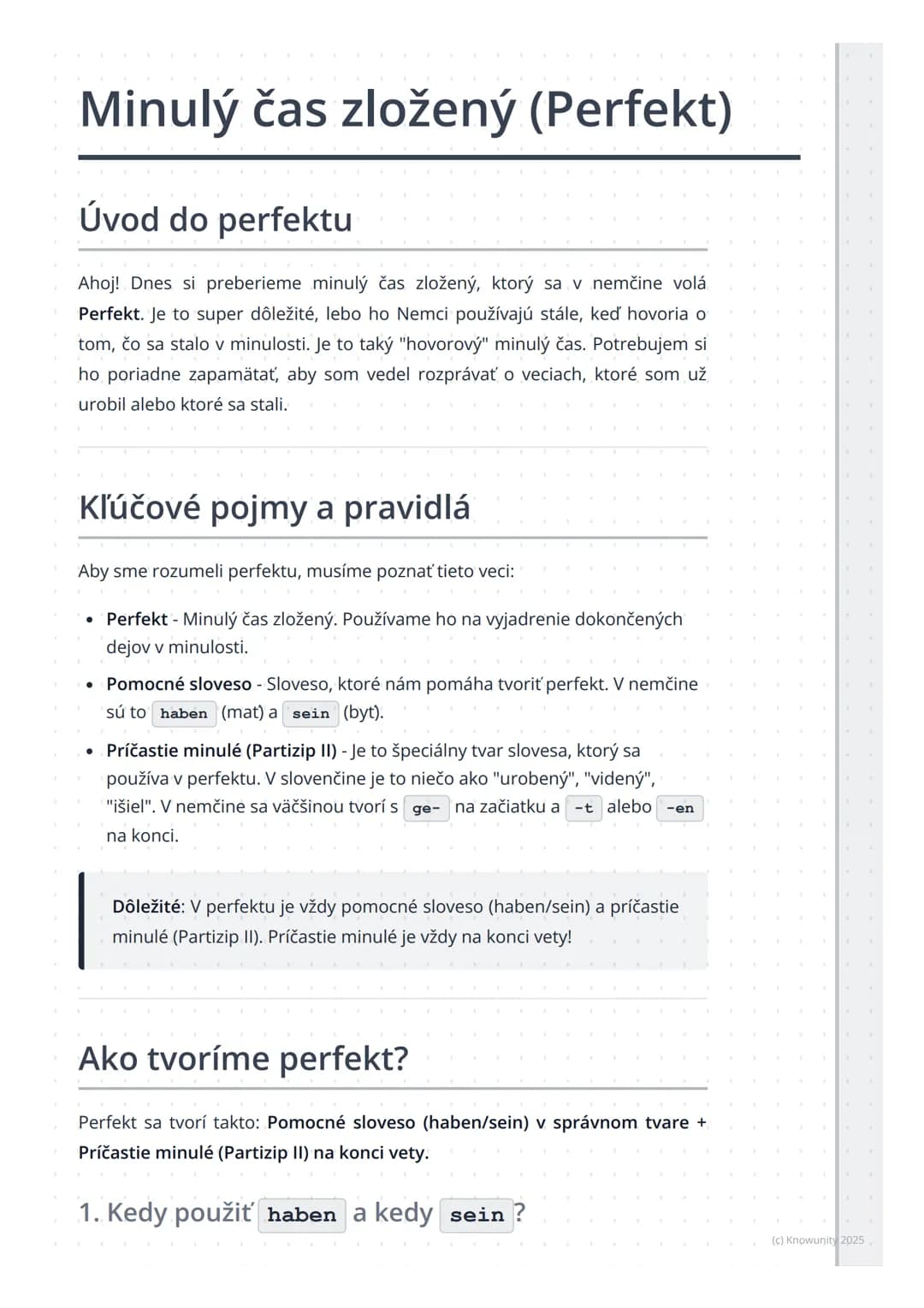 # Minulý čas zložený (Perfekt)
Úvod do perfektu
Ahoj! Dnes si preberieme minulý čas zložený, ktorý sa v nemčine volá
Perfekt. Je to super