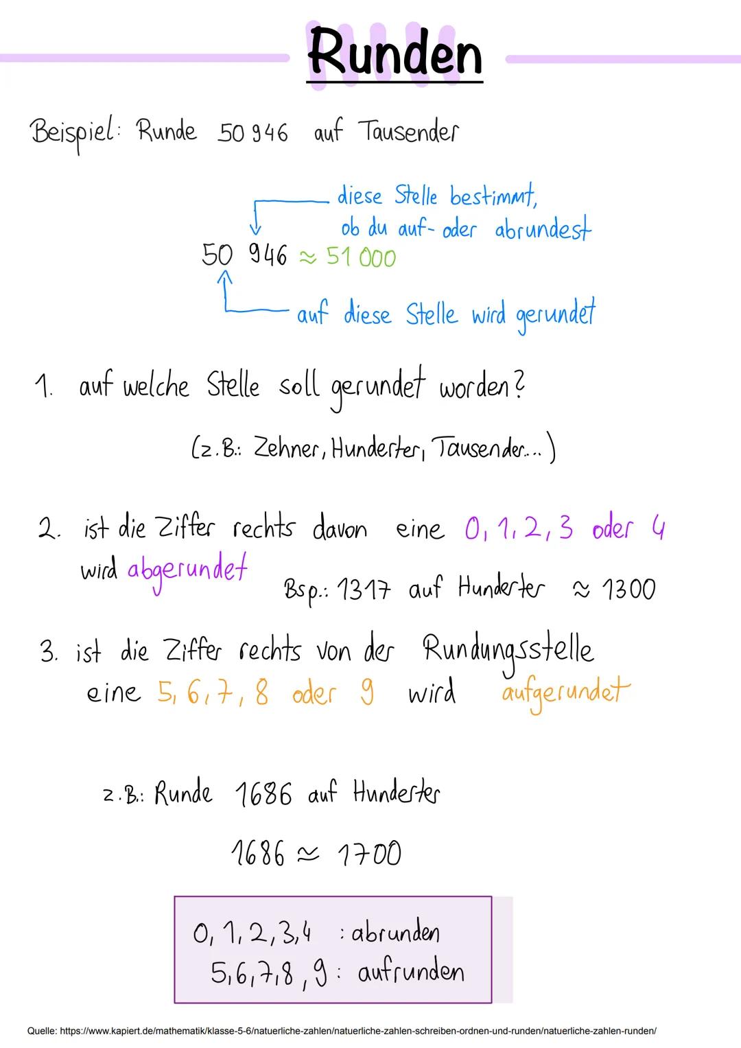 # Runden
Beispiel: Runde 50946 auf Tausender
diese Stelle bestimmt,
ob du auf- oder abrundest
50 946≈51 000
auf diese Stelle wird gerun