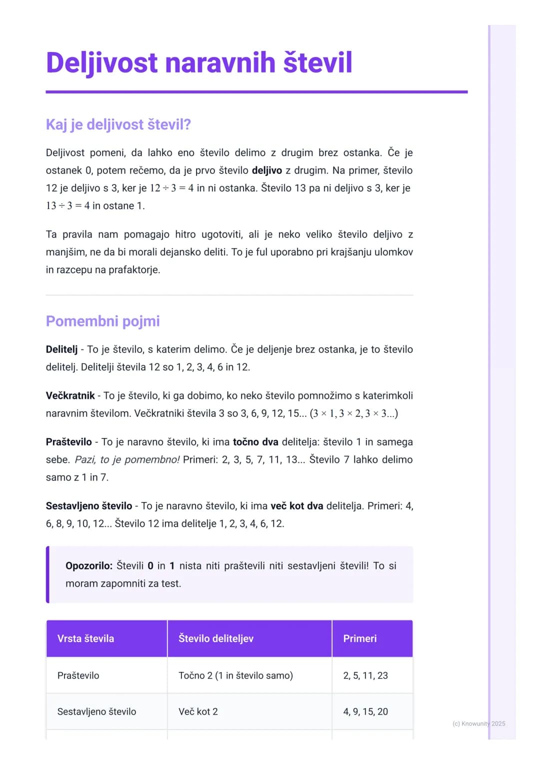 # Deljivost naravnih števil
Kaj je deljivost števil?
Deljivost pomeni, da lahko eno število delimo z drugim brez ostanka. Če je
ostanek 0,