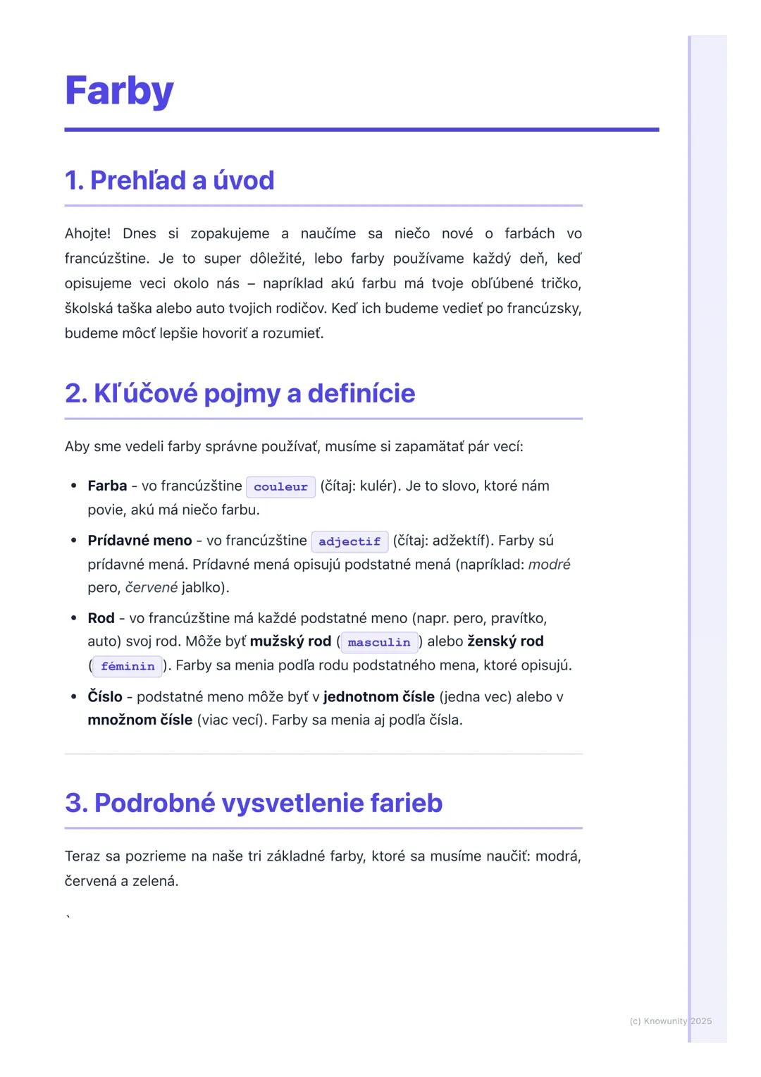 # Farby
## 1. Prehľad a úvod
Ahojte! Dnes si zopakujeme a naučíme sa niečo nové o farbách vo
francúzštine. Je to super dôležité, lebo farb