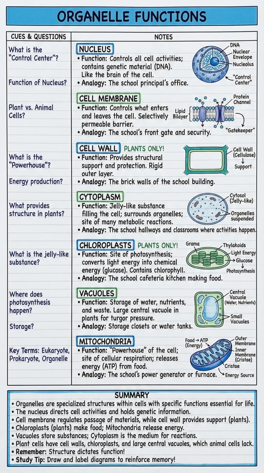 # ORGANELLE FUNCTIONS
CUES & QUESTIONS | NOTES
---|---
What is the | NUCLEUS
"Control Center"? | • Function: Controls all cell activities;