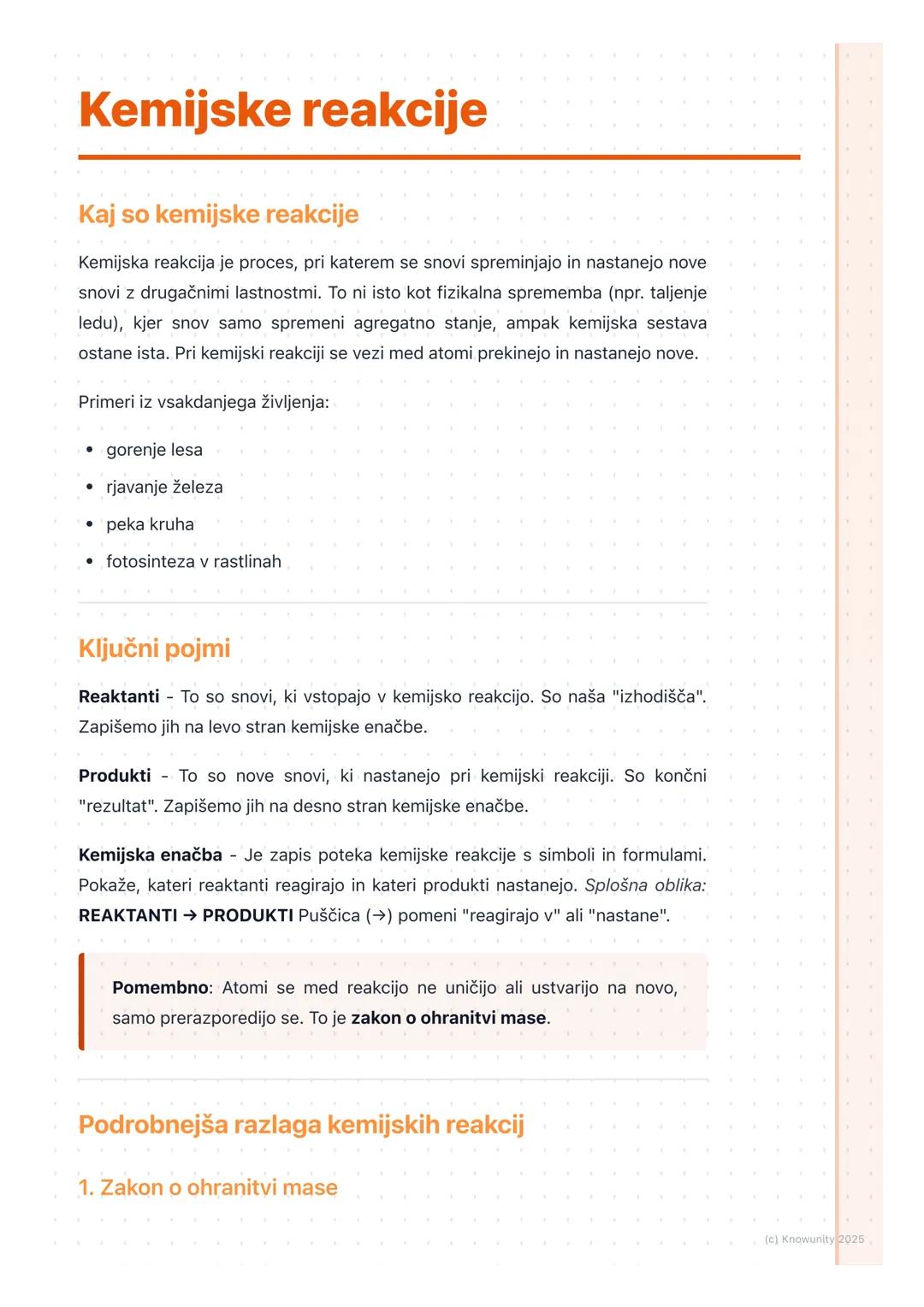 # Kemijske reakcije
Kaj so kemijske reakcije
Kemijska reakcija je proces, pri katerem se snovi spreminjajo in nastanejo nove
snovi z druga