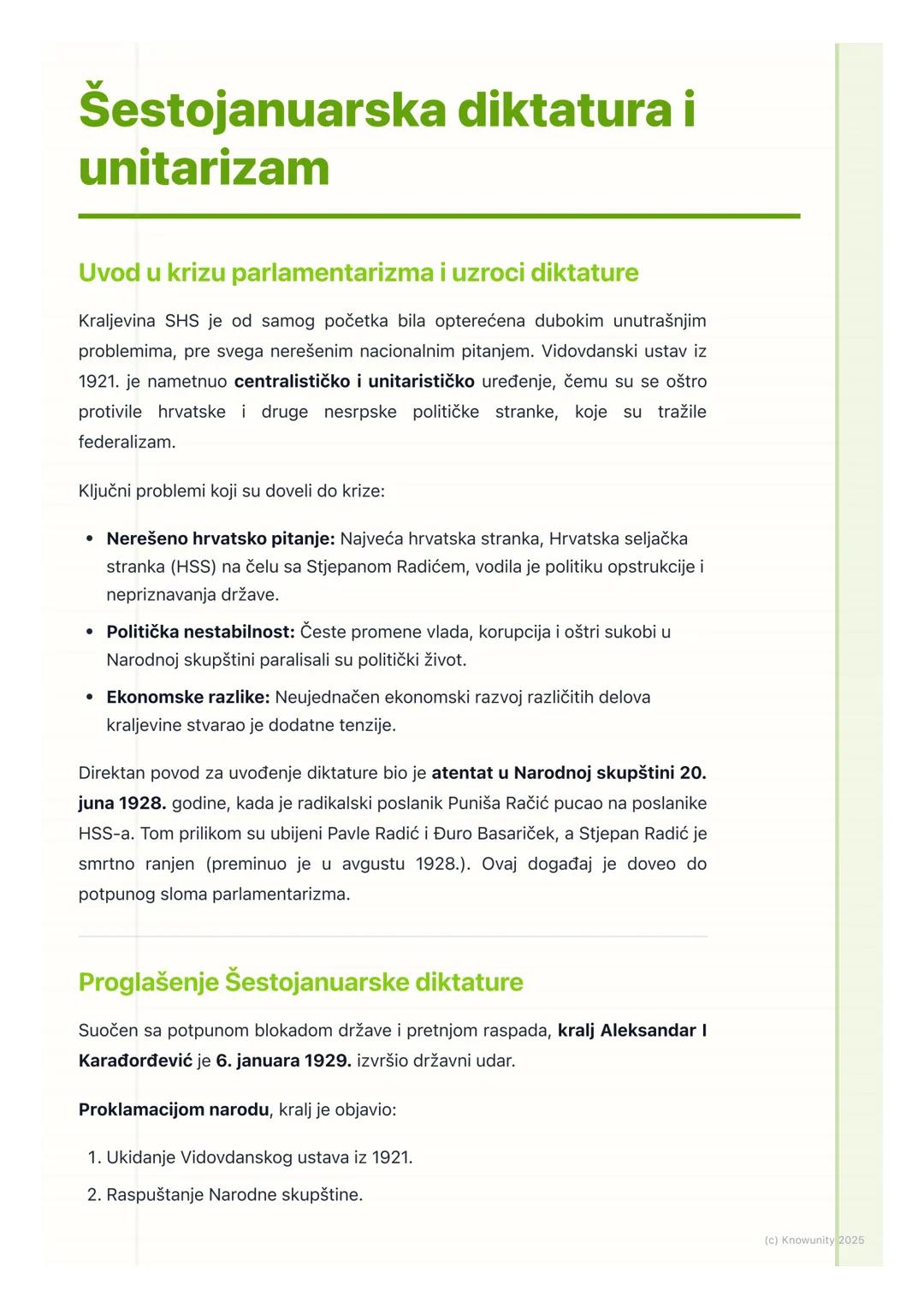 # Šestojanuarska diktatura i
unitarizam
Uvod u krizu parlamentarizma i uzroci diktature
Kraljevina SHS je od samog početka bila opterećena