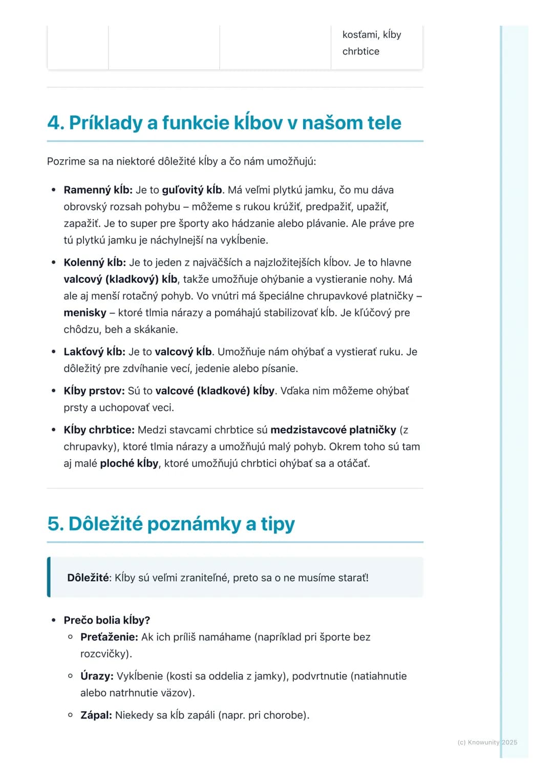 # Spojenia kostí – kĺby
## 1. Prehľad spojení kostí
Ahojte! Dnes si zopakujeme, ako sú naše kosti pospájané. Je to super dôležité,
lebo be