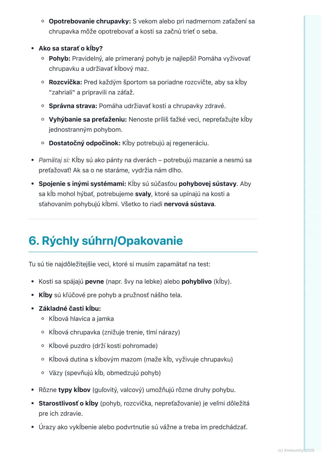 # Spojenia kostí – kĺby
## 1. Prehľad spojení kostí
Ahojte! Dnes si zopakujeme, ako sú naše kosti pospájané. Je to super dôležité,
lebo be