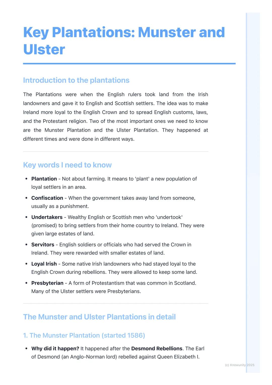# Key Plantations: Munster and
# Ulster
Introduction to the plantations
The Plantations were when the English rulers took land from the Ir