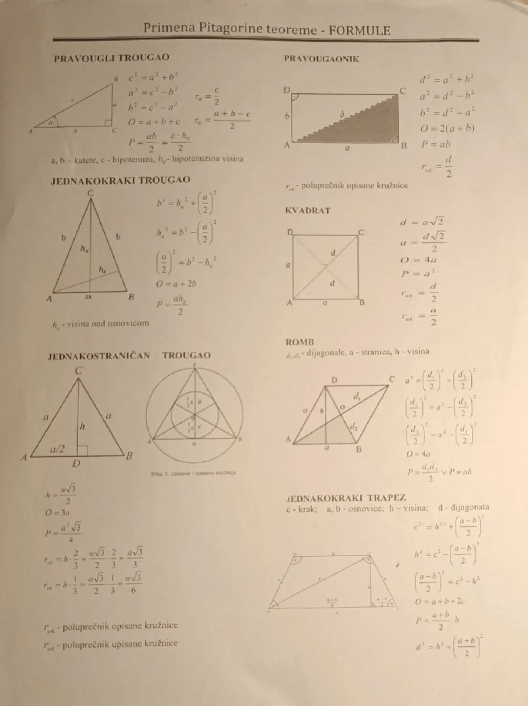 # Primena Pitagorine teoreme - FORMULE
## PRAVOUGLI TROUGAO
$c^2 = a^2 + b^2$
$a^2 = c^2 - b^2$
$b^2 = c^2 - a^2$
$O = a + b + c$
$r_o = c/