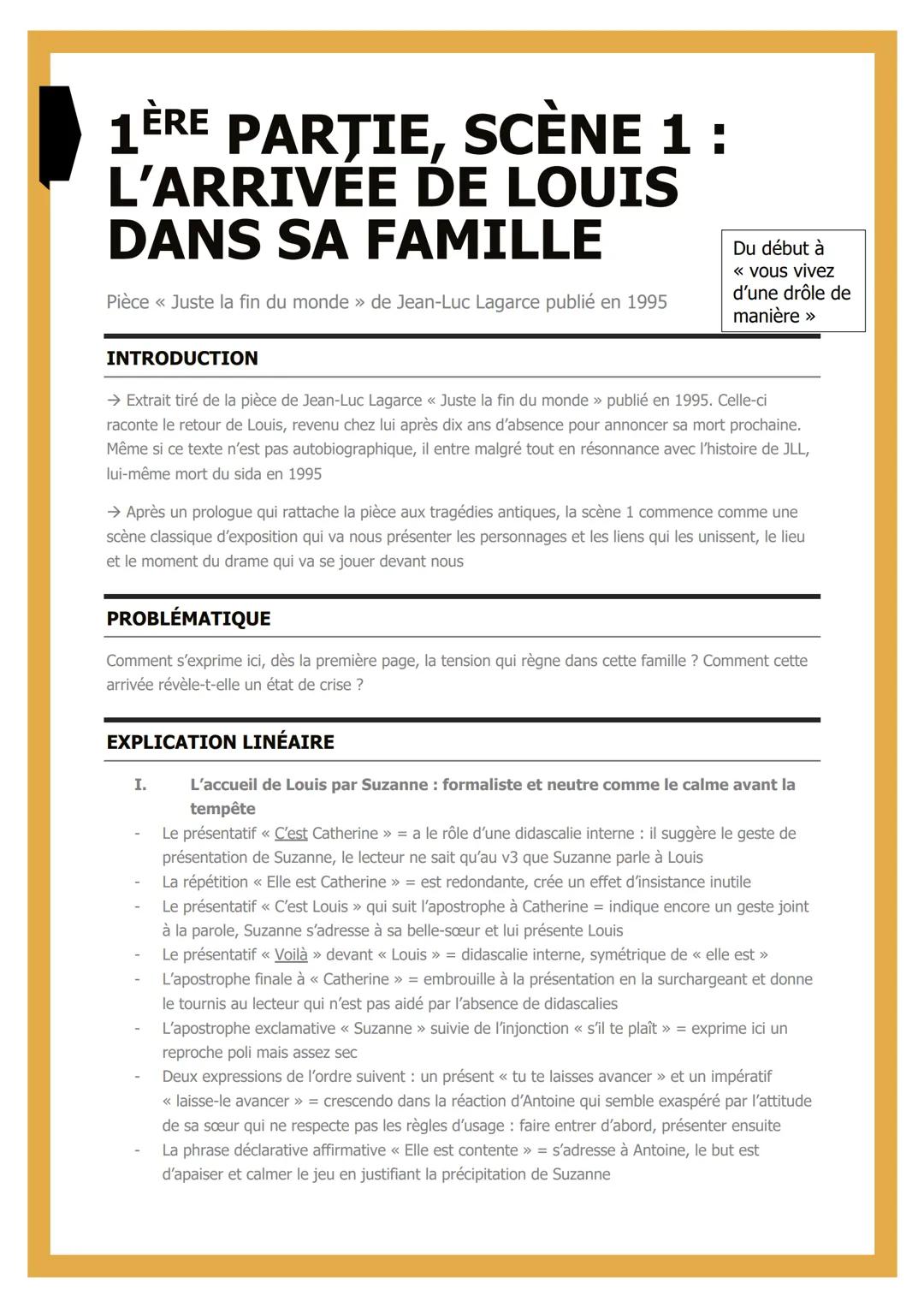 # 1ÈRE PARȚIE, SCÈNE 1 :
L'ARRIVEE DE LOUIS
DANS SA FAMILLE
Pièce <<< Juste la fin du monde >> de Jean-Luc Lagarce publié en 1995
INTRODUC