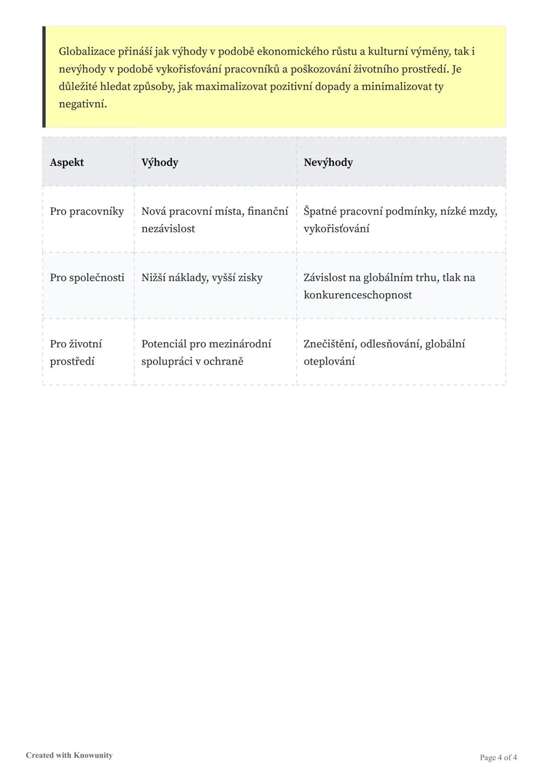 # Výhody a nevýhody globalizace
Přehled výhod a nevýhod globalizace pro pracovníky, společnosti a životní prostředí.
# Výhody a nevýhody g