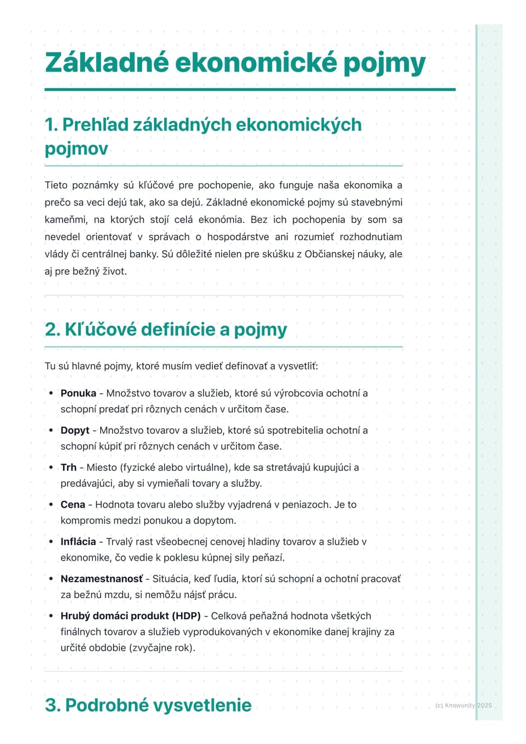 # Základné ekonomické pojmy
## 1. Prehľad základných ekonomických
## pojmov
Tieto poznámky sú kľúčové pre pochopenie, ako funguje naša eko