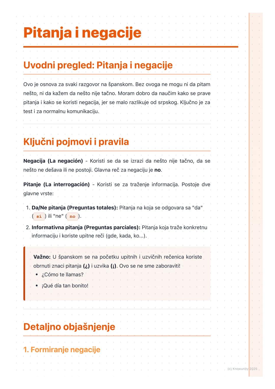 # Pitanja i negacije
Uvodni pregled: Pitanja i negacije
Ovo je osnova za svaki razgovor na španskom. Bez ovoga ne mogu ni da pitam
nešto,