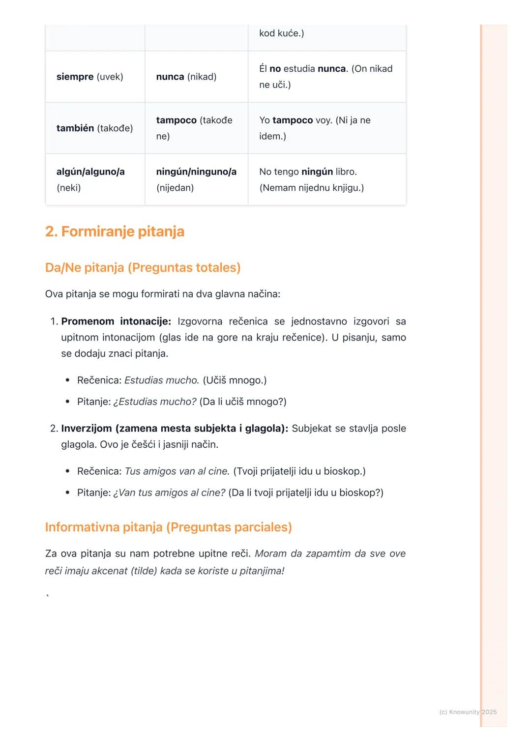# Pitanja i negacije
Uvodni pregled: Pitanja i negacije
Ovo je osnova za svaki razgovor na španskom. Bez ovoga ne mogu ni da pitam
nešto,
