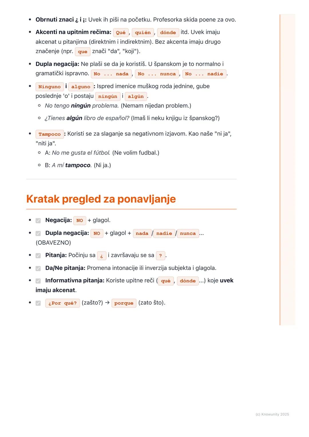 # Pitanja i negacije
Uvodni pregled: Pitanja i negacije
Ovo je osnova za svaki razgovor na španskom. Bez ovoga ne mogu ni da pitam
nešto,