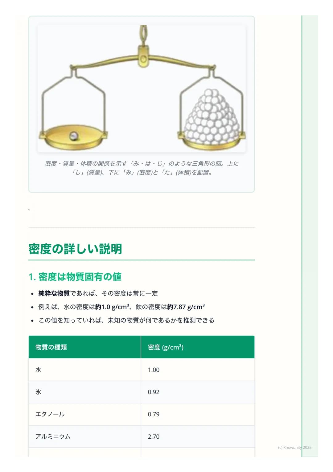 # 密度
## 密度とは何か
物質がどれくらい「ぎっしり」 つまっているかを表す量のこと同じ体積でも、
物質の種類によって質量は違う例えば、同じ大きさの発泡スチロールと鉄の塊
では、鉄の方がずっと重いこれは、鉄の方が密度が大きいから
密度は、物質を見分けるための手がかりにな